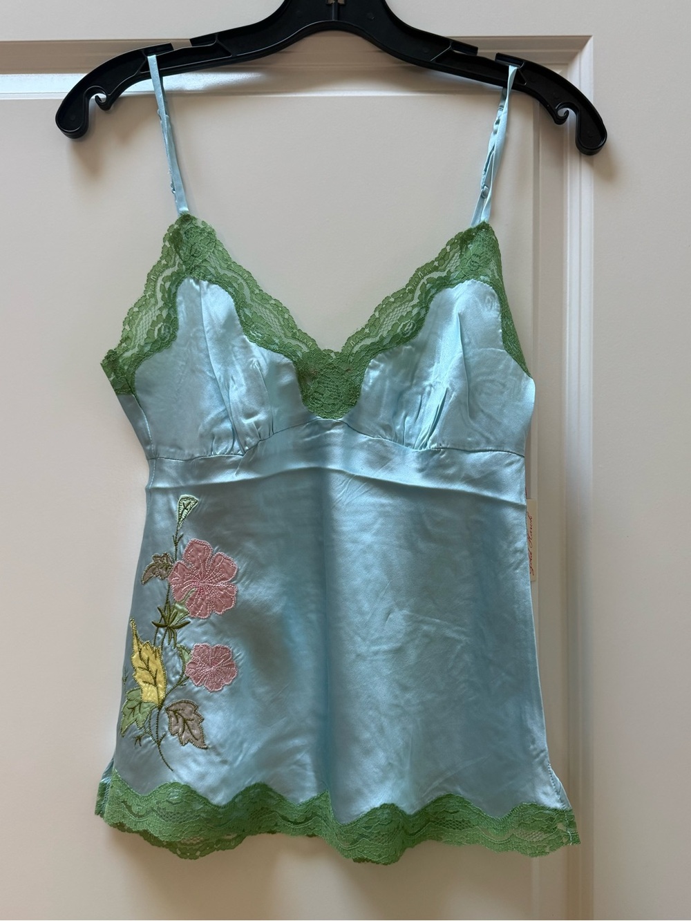 Gold Hawk 100% Silk Camisole Dream Blue with Green Lace & Pink Floral Embroidery - Picture 1 of 6